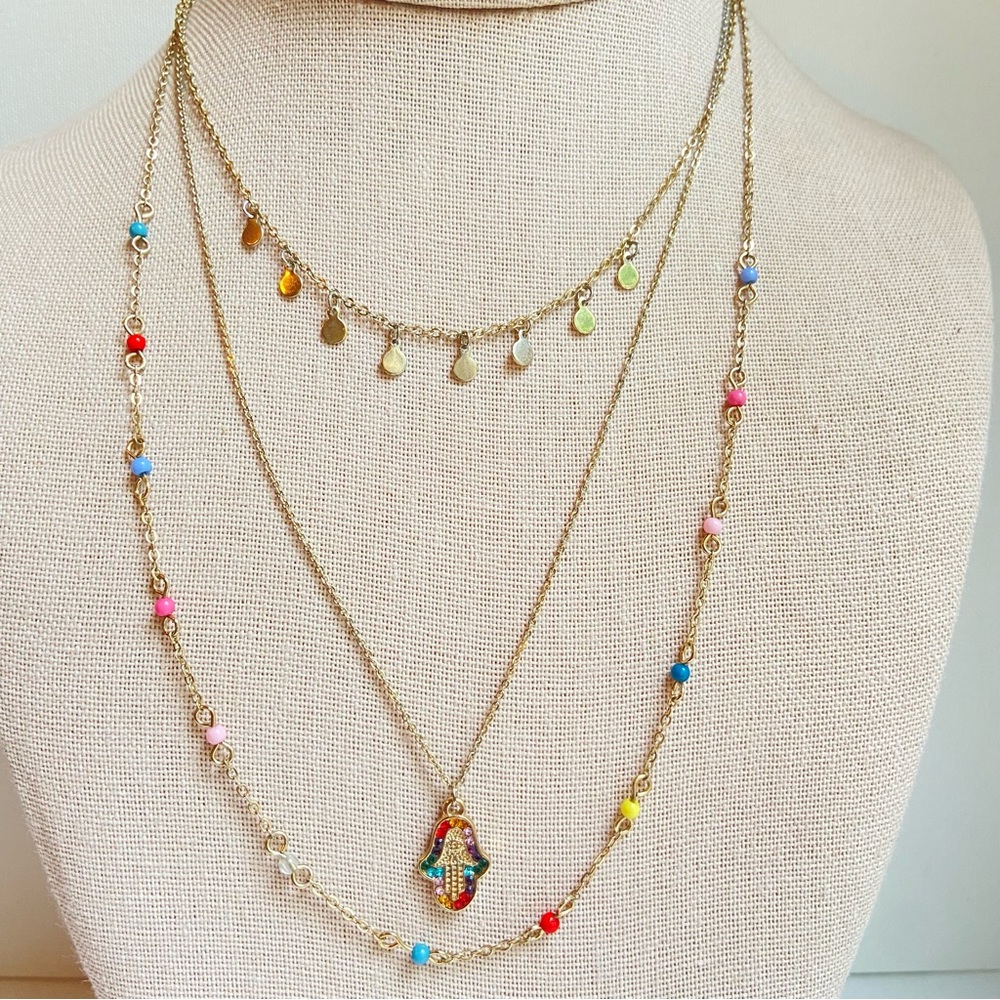 Jessica Simpson layered necklace goldtone with multicolor rhinestones and beads